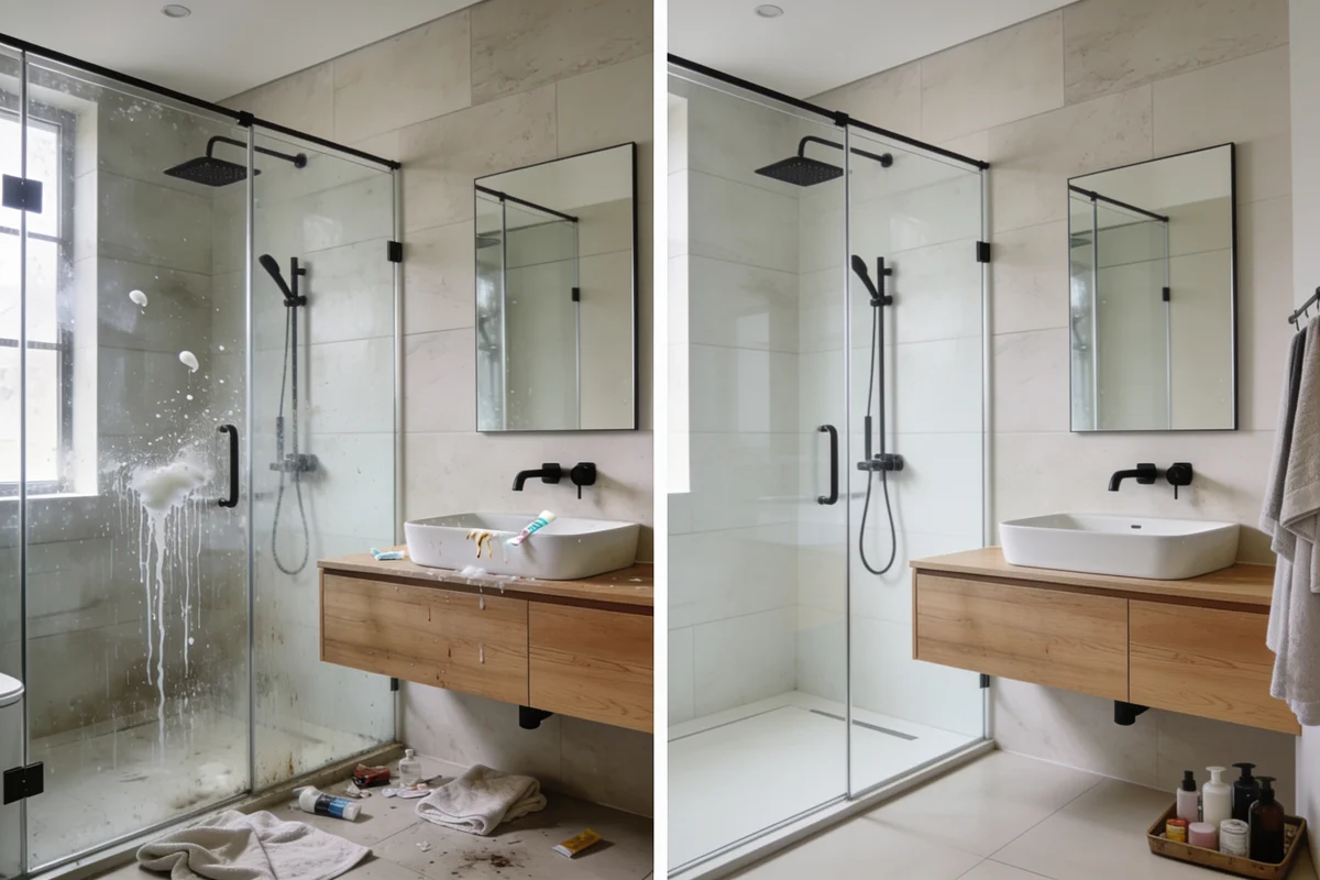 AI-generated bathroom cleaning illustration: before on the left, after on the right.