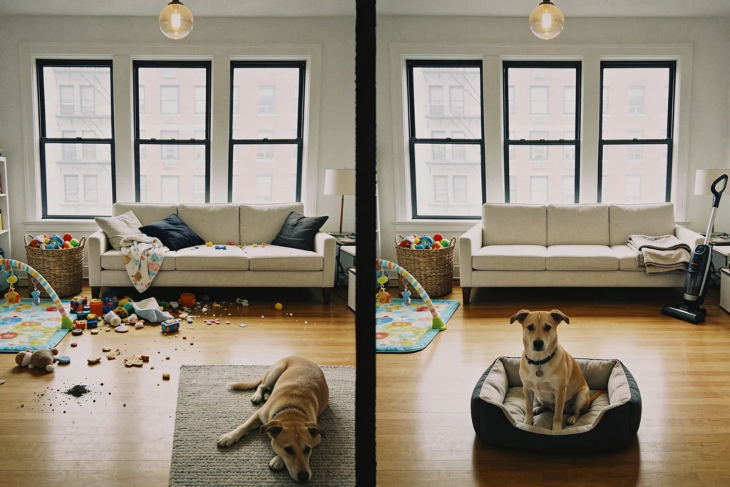 AI-generated family-corner cleaning illustration: before on the left, after on the right.