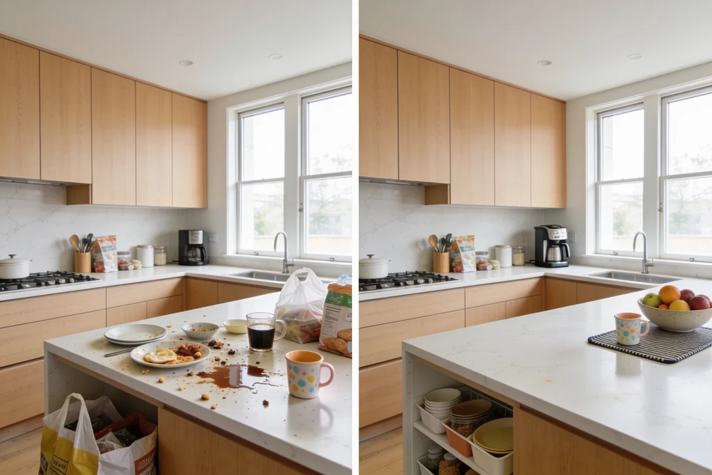 AI-generated kitchen cleaning illustration: before on the left, after on the right.