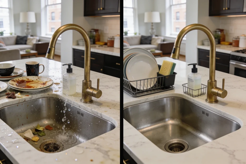 AI-generated sink cleaning illustration: before on the left, after on the right.