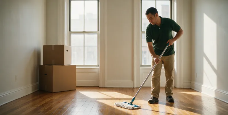 Cleaner mopping an empty, sunlit apartment beside moving boxes.