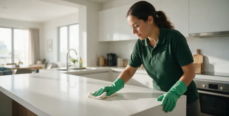 Cleaner in green gloves wiping a white kitchen counter.