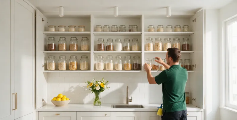 Cleaner arranging matching jars on open pantry shelves.