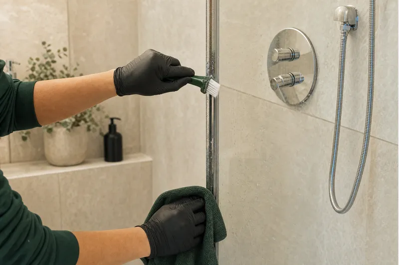 Detail cleaning around shower glass and bathroom fixtures.