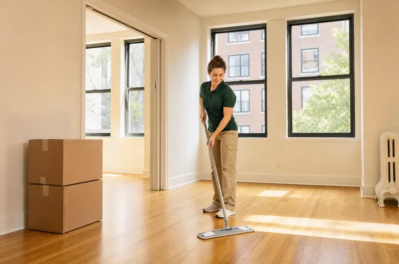 A cleaning professional mopping an empty apartment near moving boxes.