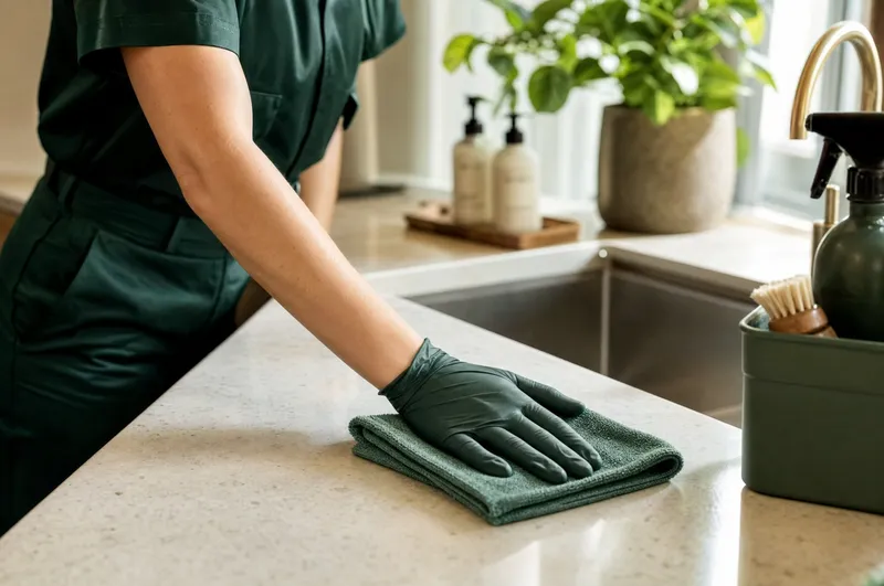 A gloved hand wiping a kitchen worktop with a microfiber cloth.