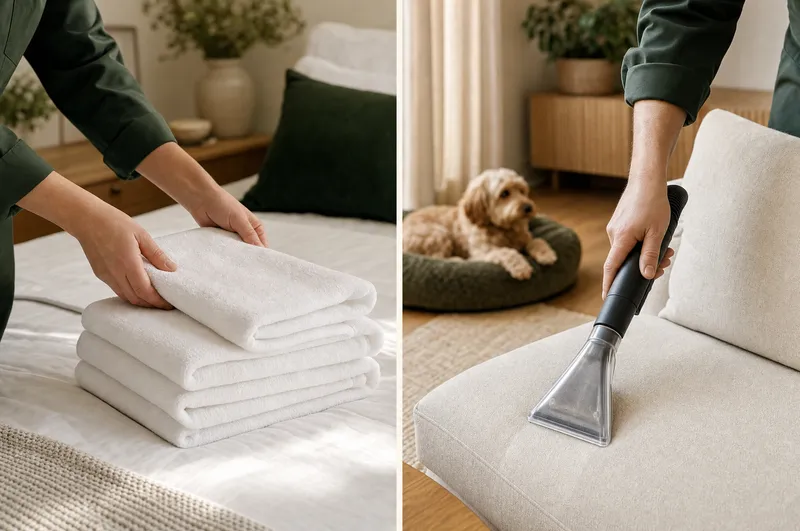 Fresh towel folding and upholstery vacuuming in a home with a pet.