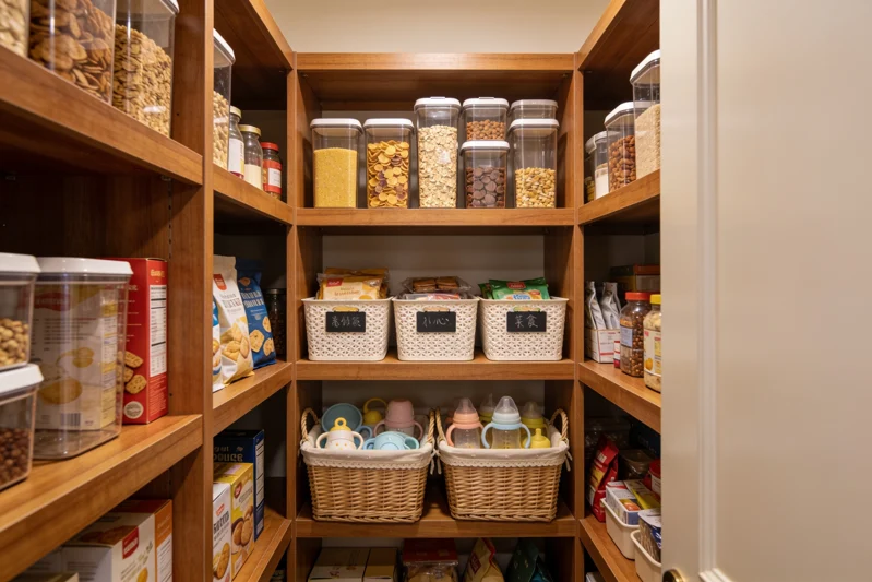 Pantry organization concept showing coordinated containers, shelves and hands arranging storage.