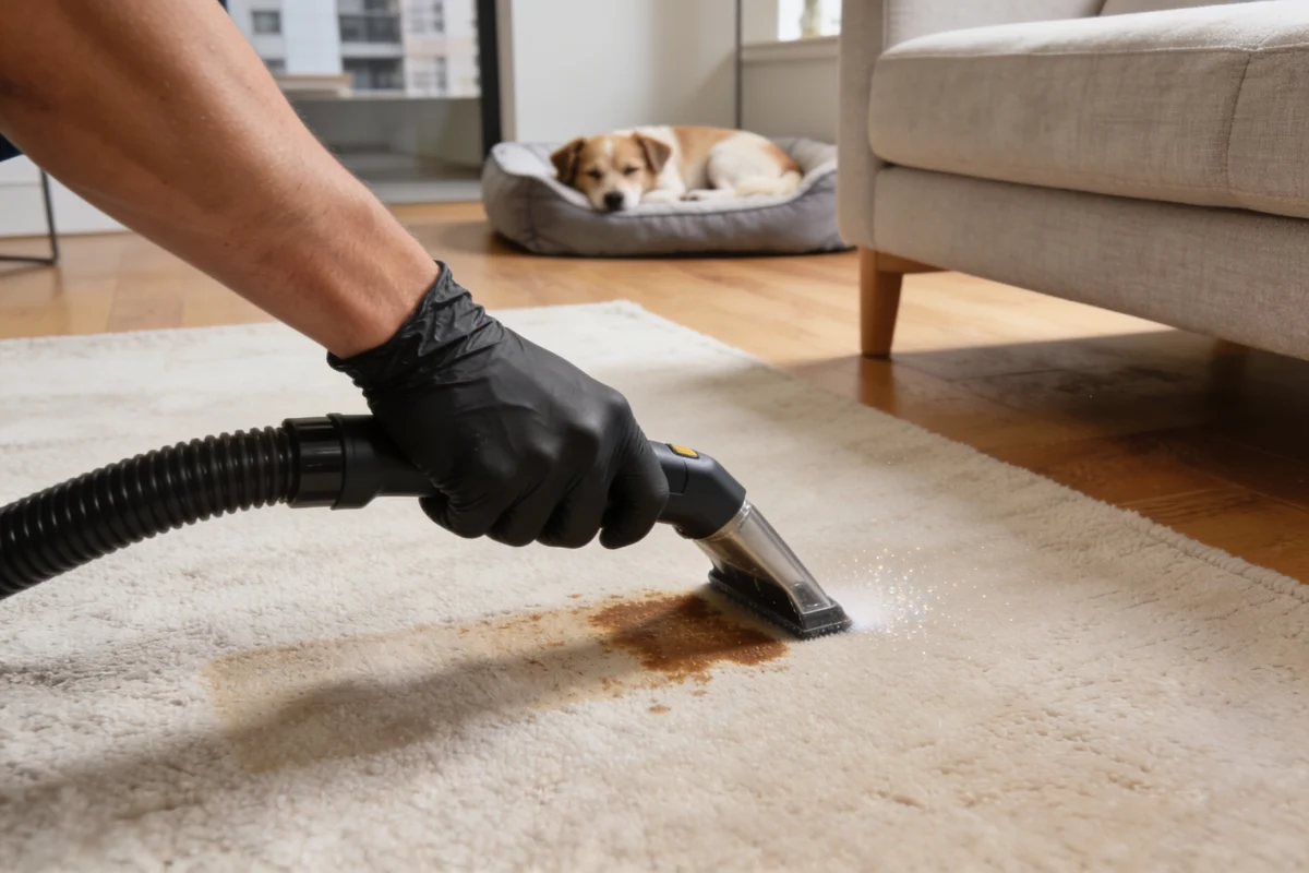 Targeted extraction cleaning of a pet stain on a rug.