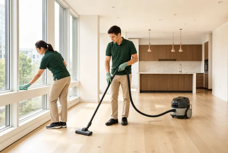 Two cleaning professionals finishing a newly renovated interior.