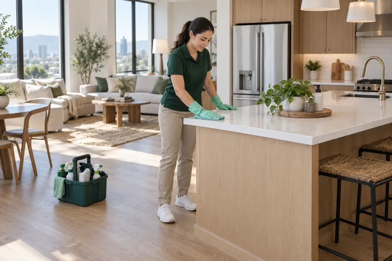 A cleaning professional wiping a kitchen island in a bright apartment.