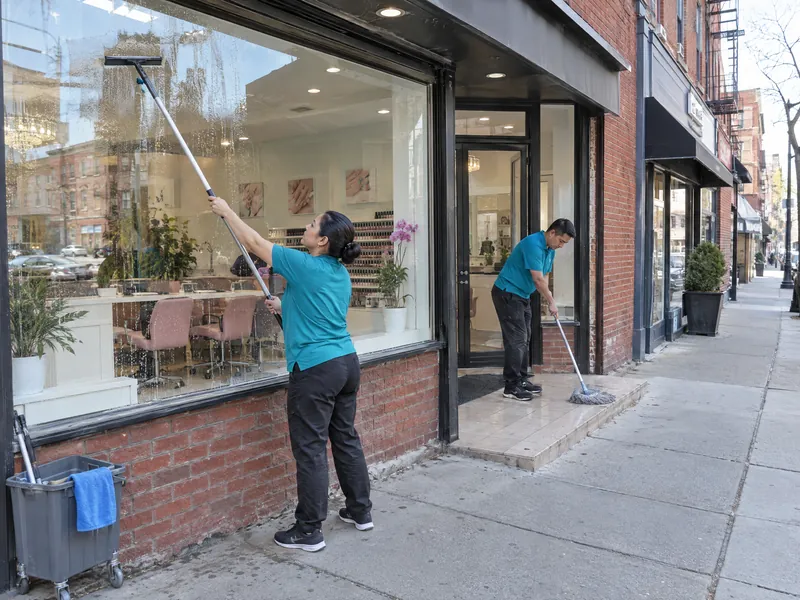 A commercial cleaner washing a storefront window on a brick commercial street.