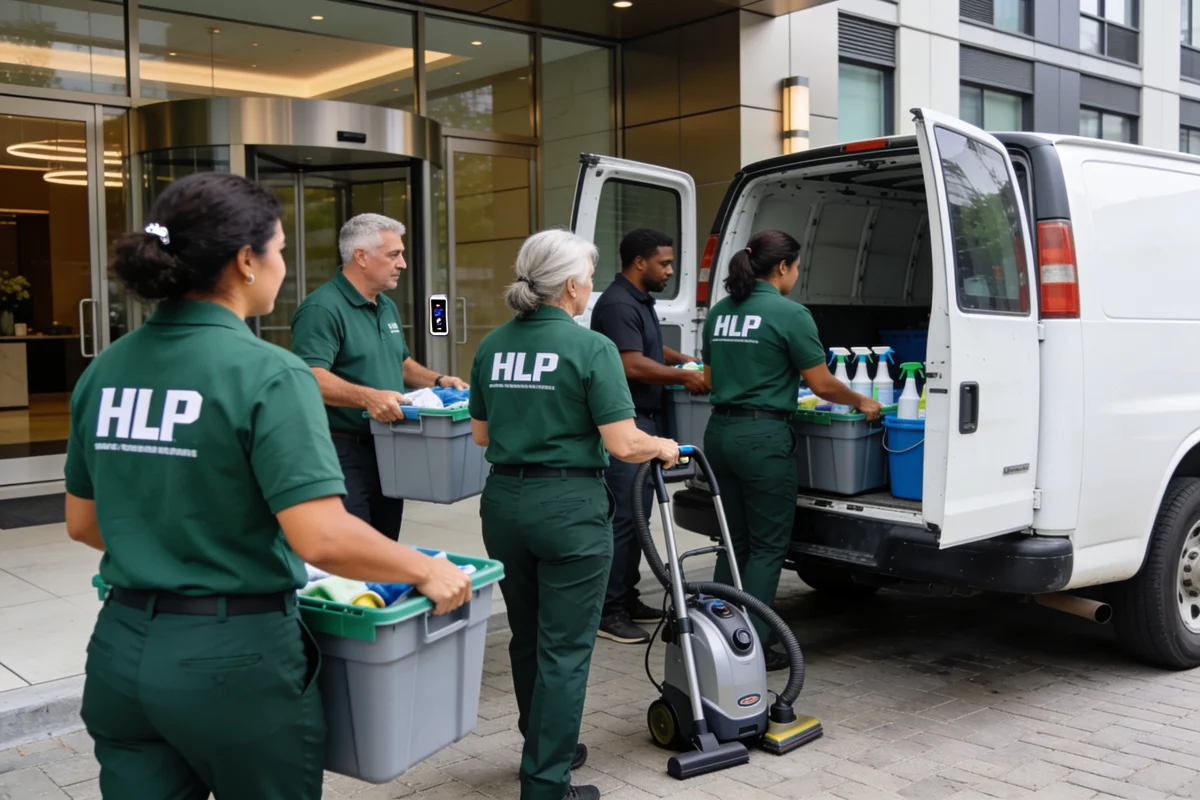 Illustration of a cleaning team preparing supplies beside a work van.